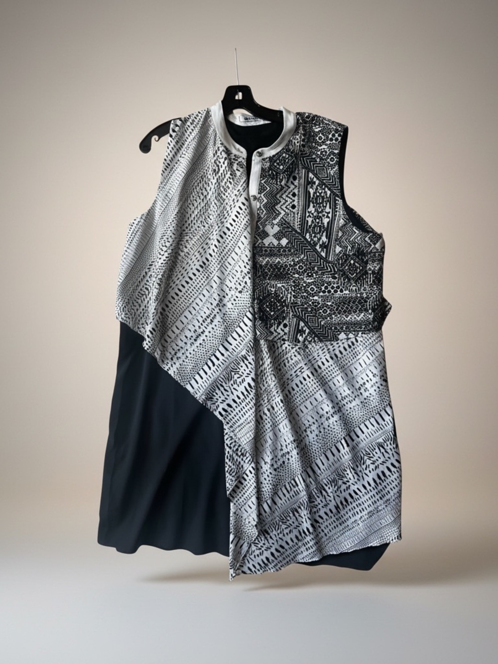 DKNY Layered Sleeveless Midi Dress Black White Abstract Geo Print Asymmetric XL - Picture 7 of 15